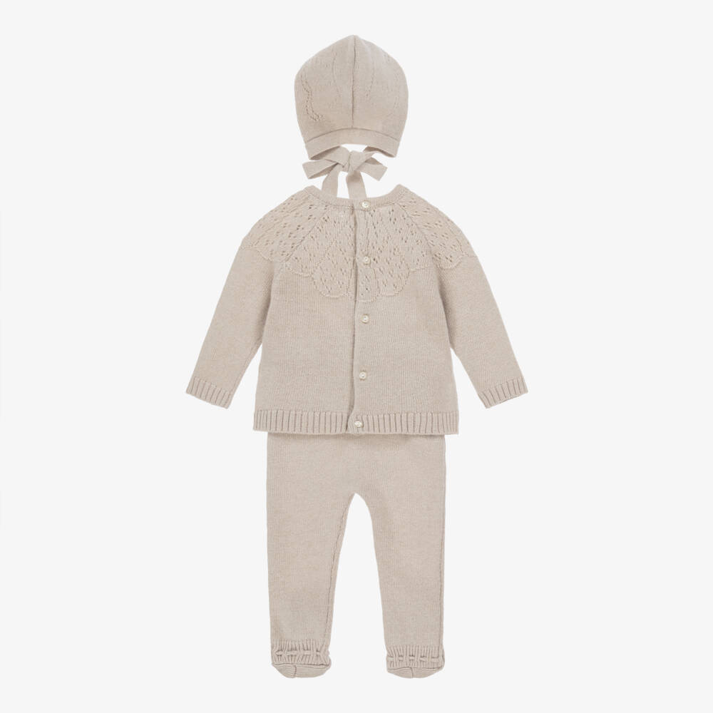 Beatrice & George-Beige Wool-Blend Knitted Babysuit Set | Childrensalon Outlet