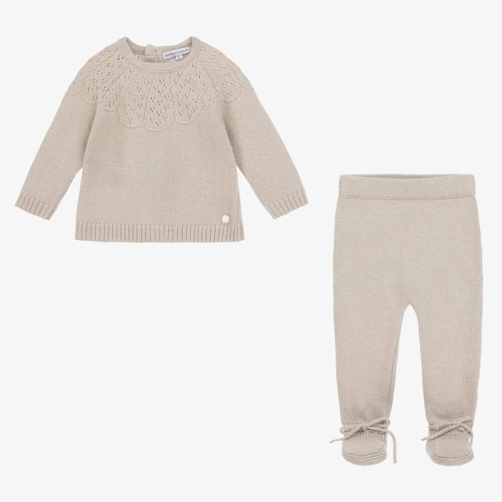 Beatrice & George-Beige Wool-Blend Knitted Babysuit Set | Childrensalon Outlet