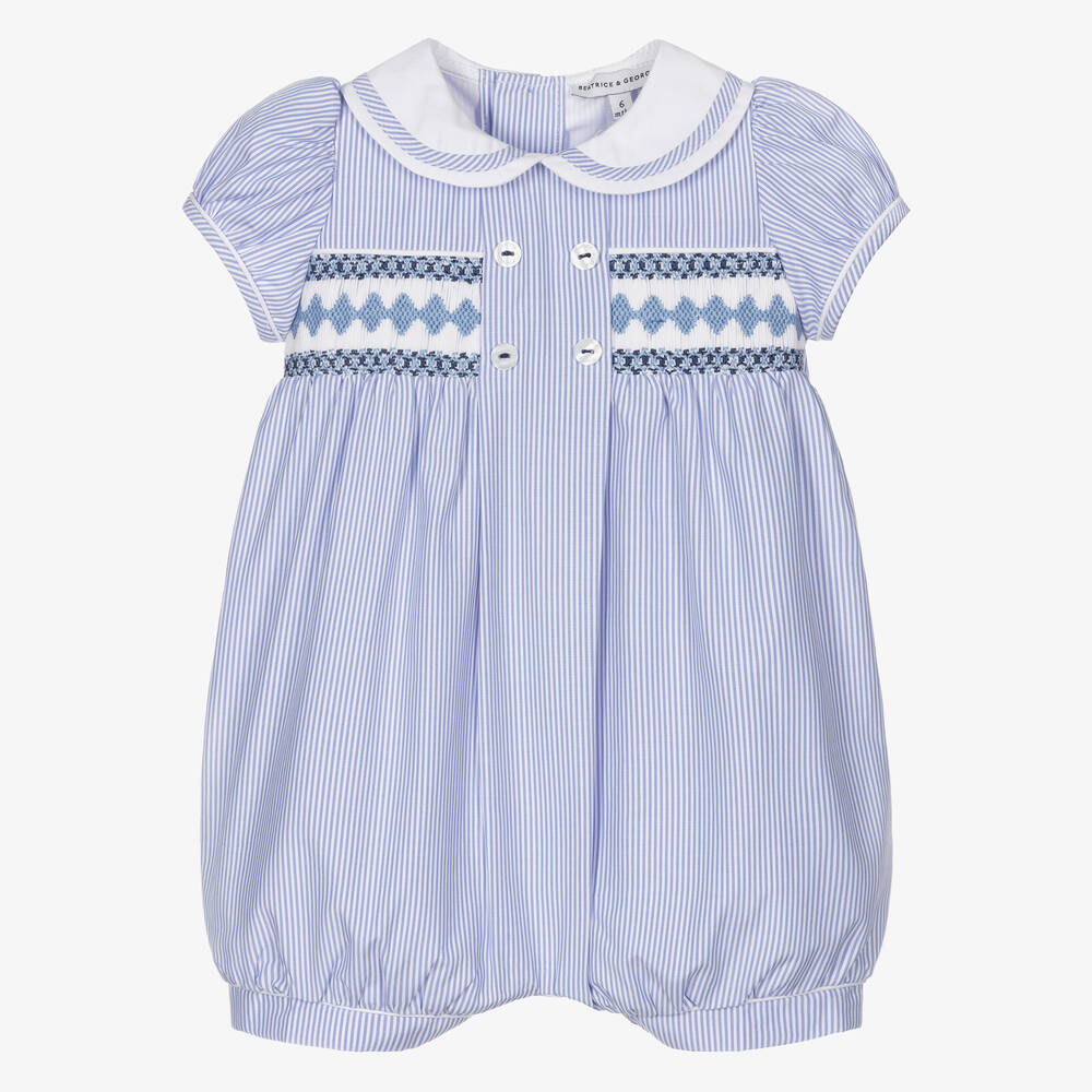 Beatrice & George - Blue Cotton Hand-Smocked Shortie | Childrensalon