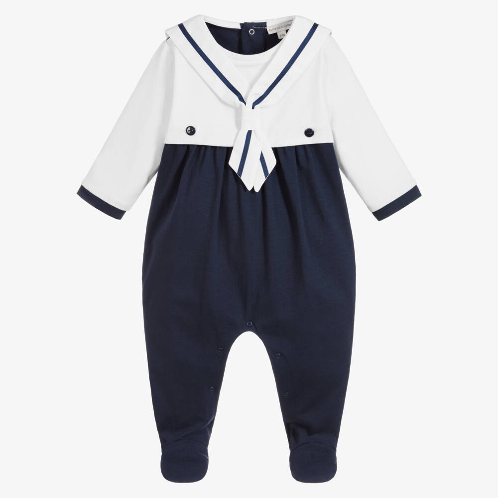 Beatrice & George-Blue Cotton Sailor Babygrow | Childrensalon Outlet