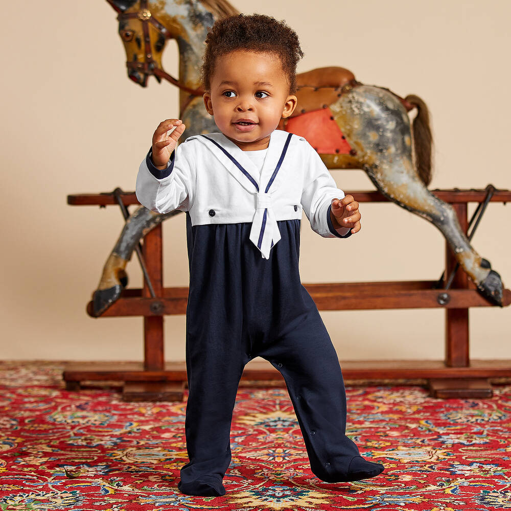 Beatrice & George-Blue Cotton Sailor Babygrow | Childrensalon Outlet