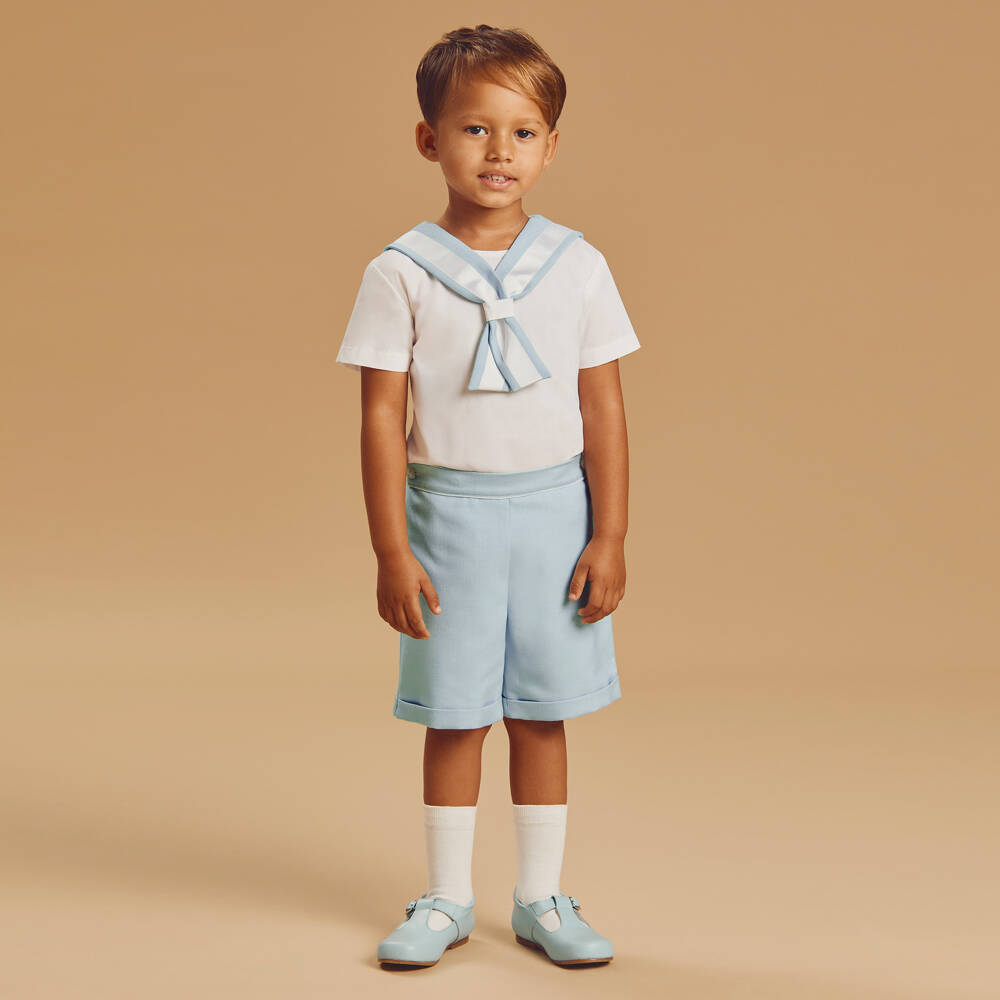 Beatrice & George-Blue Herringbone Sailor Buster Suit | Childrensalon Outlet