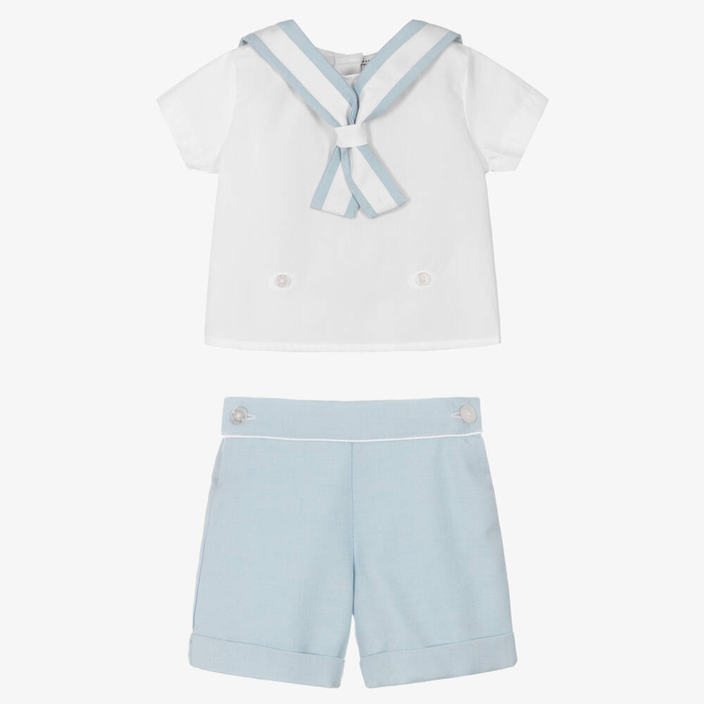 Beatrice & George-Blue Herringbone Sailor Buster Suit | Childrensalon Outlet