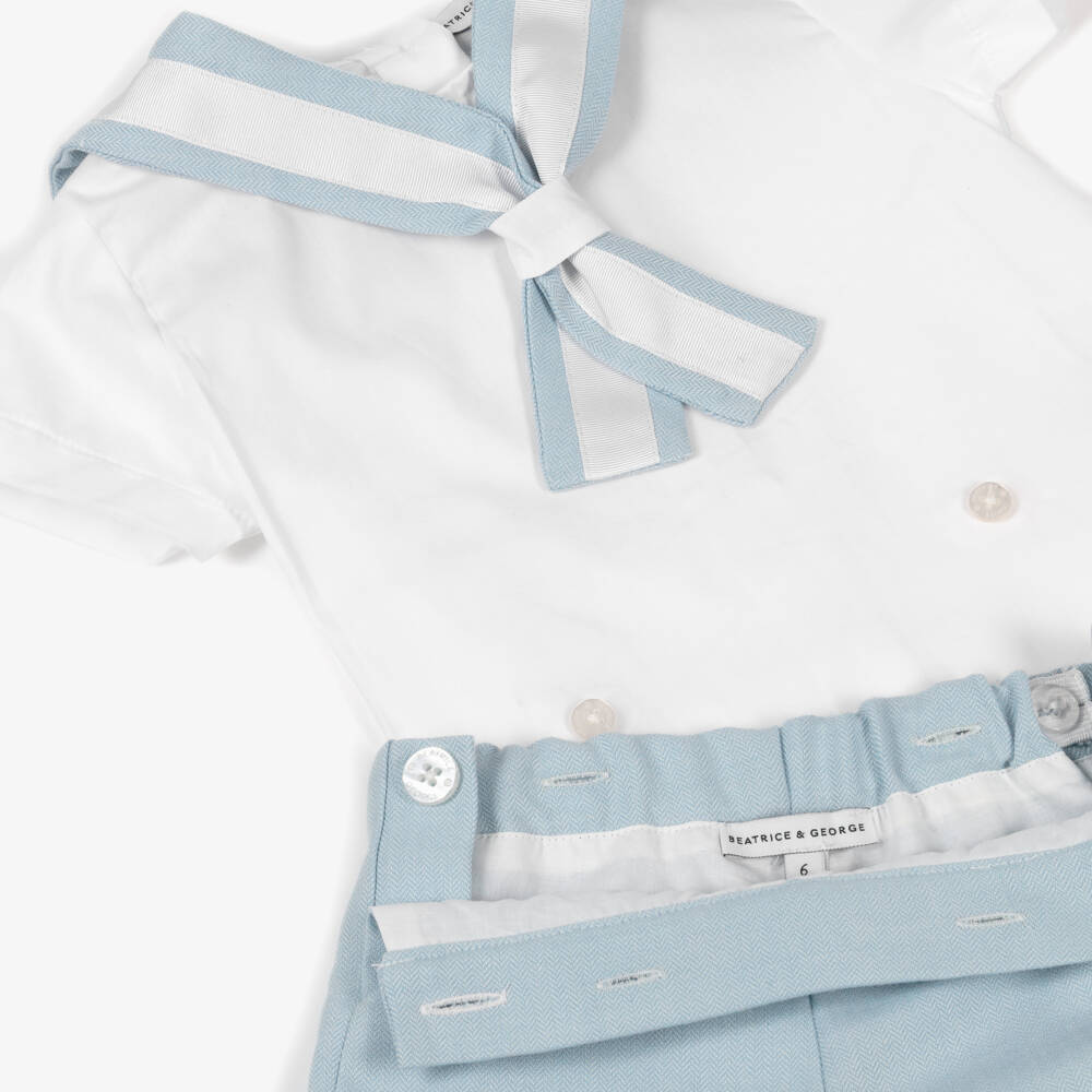 Beatrice & George-Blue Herringbone Sailor Buster Suit | Childrensalon Outlet