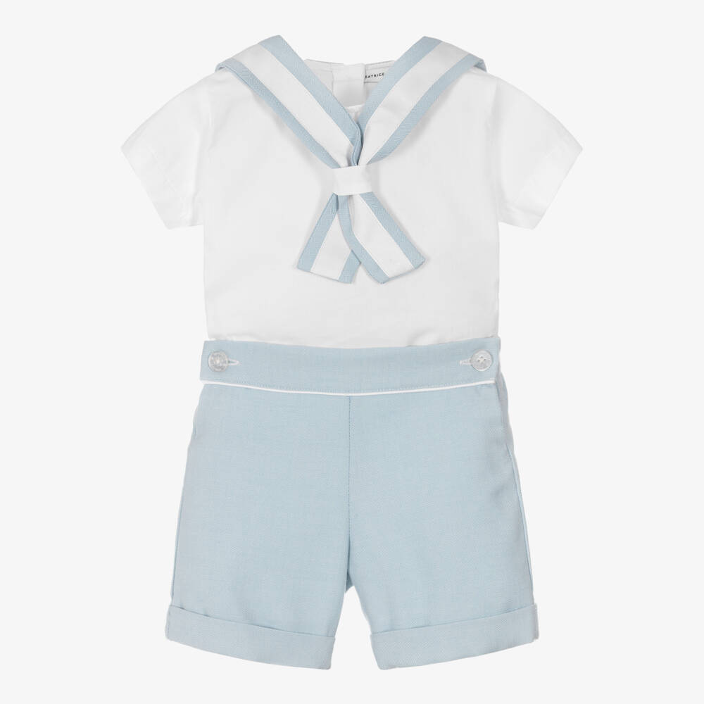 Beatrice & George-Blue Herringbone Sailor Buster Suit | Childrensalon Outlet