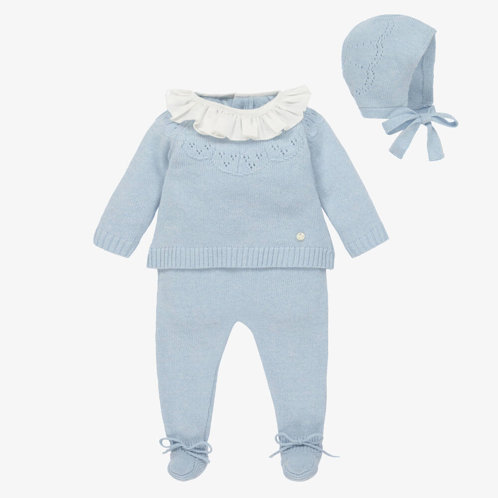 Beatrice & George-Blue Knitted Wool & Cashmere Babygrow Set | Childrensalon Outlet