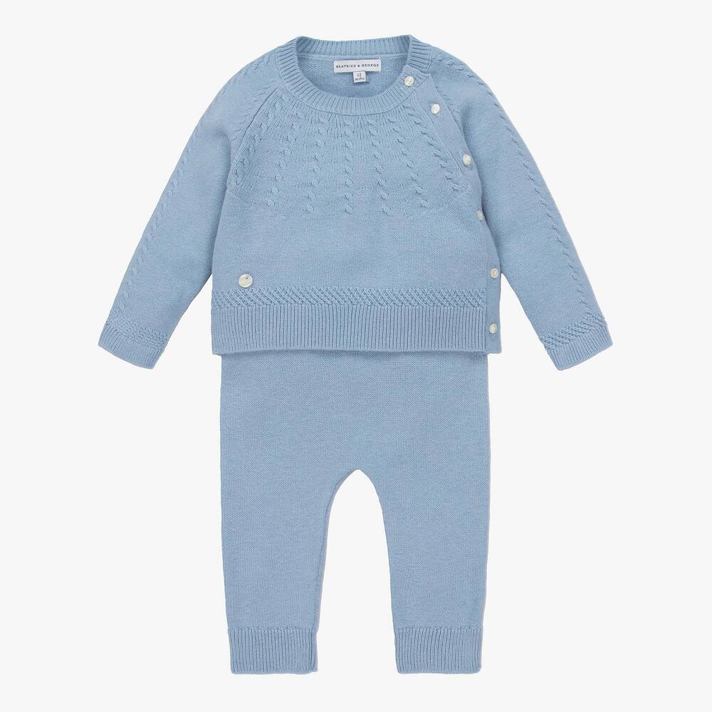 Beatrice & George-Blue Knitted Wool & Cotton Trouser Set | Childrensalon Outlet