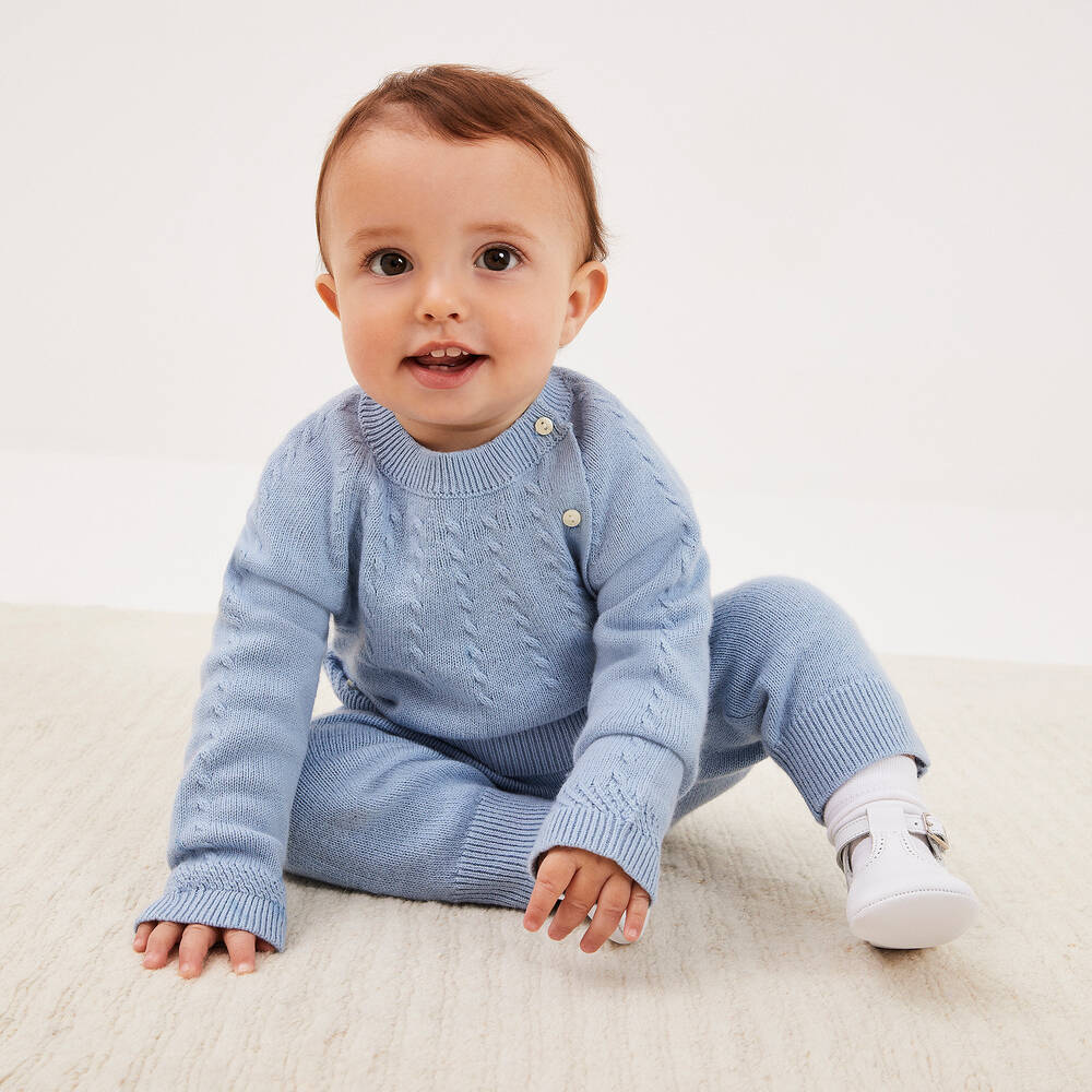 Beatrice & George-Blue Knitted Wool & Cotton Trouser Set | Childrensalon Outlet