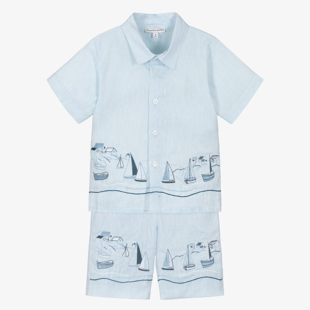 Beatrice & George-Blue Linen Embroidered Shorts Set | Childrensalon Outlet