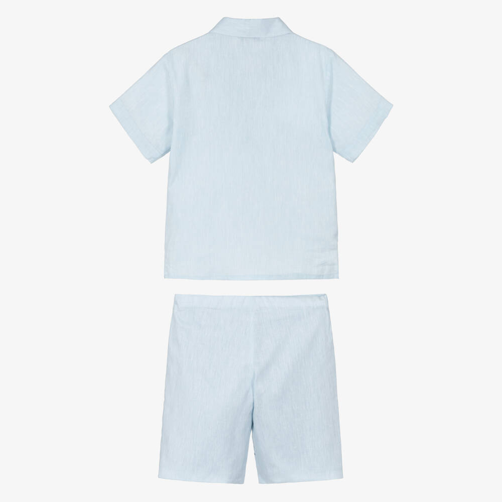 Beatrice & George-Blue Linen Embroidered Shorts Set | Childrensalon Outlet