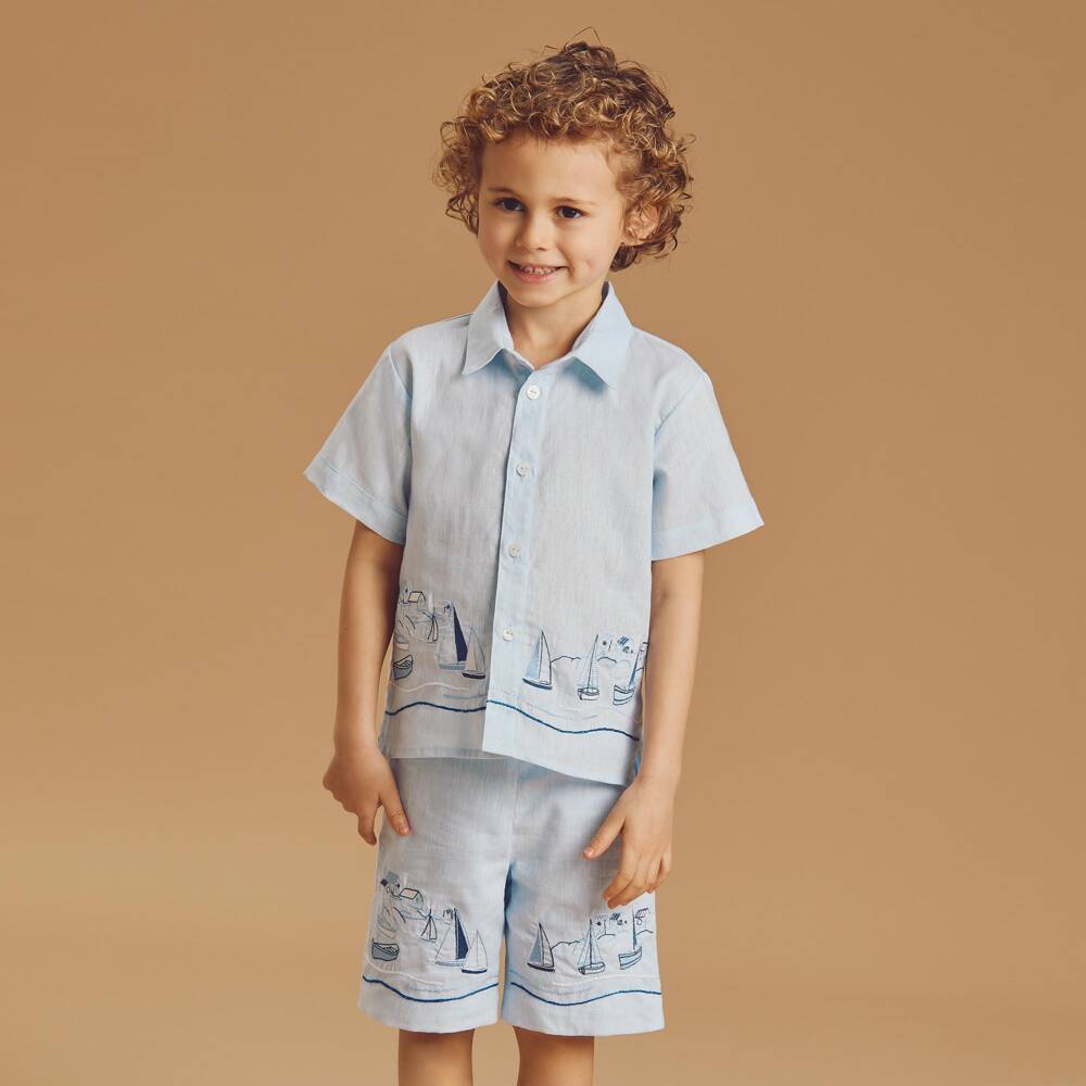 Beatrice & George-Blue Linen Embroidered Shorts Set | Childrensalon Outlet