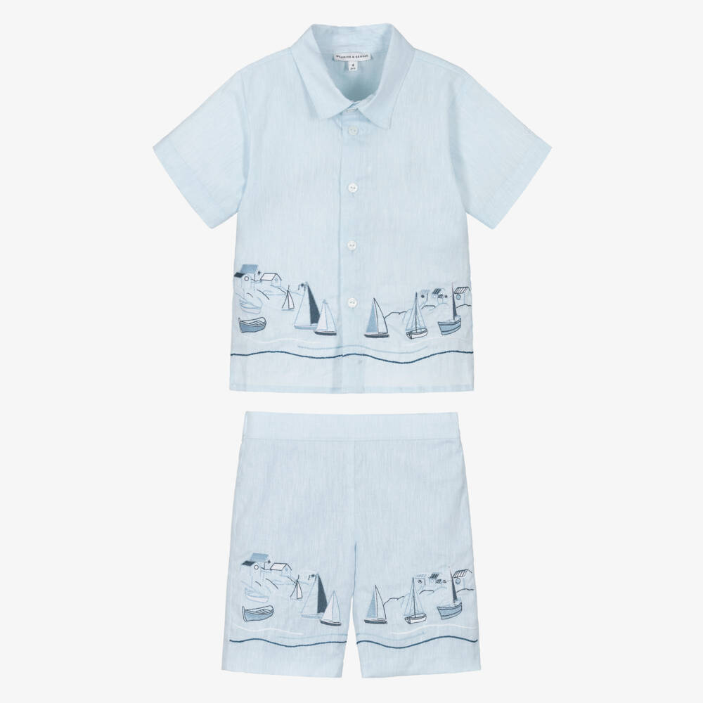 Beatrice & George-Blue Linen Embroidered Shorts Set | Childrensalon Outlet