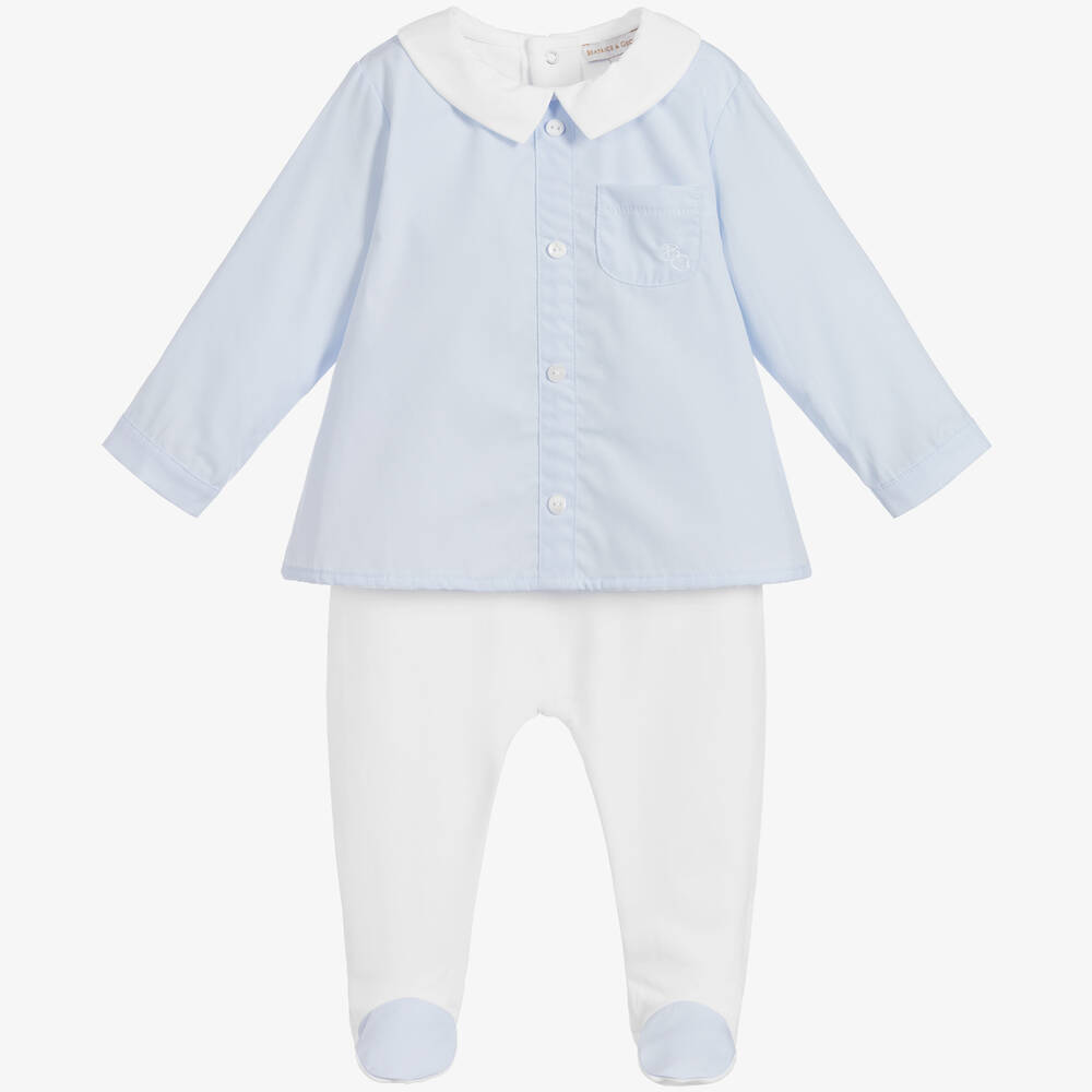 Beatrice & George-Blue & White Cotton Babygrow | Childrensalon Outlet