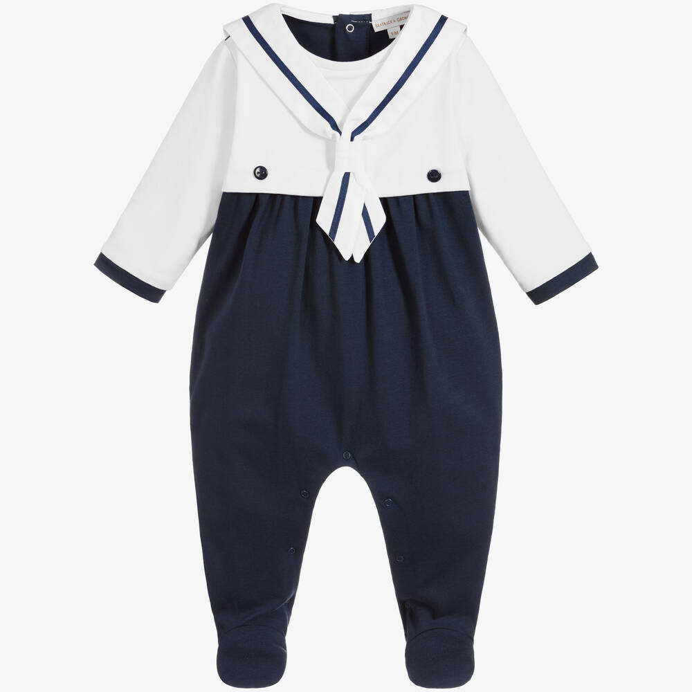 Beatrice & George - Blue & White Cotton Sailor Babygrow | Childrensalon