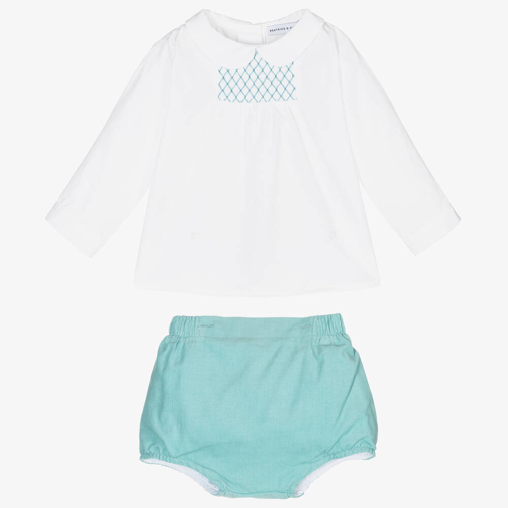 Beatrice & George-Boys Aqua Green Smocked Cotton Buster Suit | Childrensalon Outlet