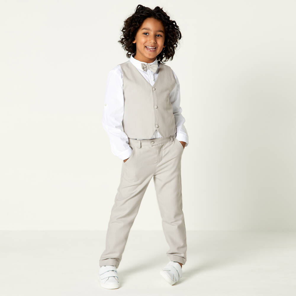 Beatrice & George-Boys Beige Cotton Herringbone Suit | Childrensalon Outlet