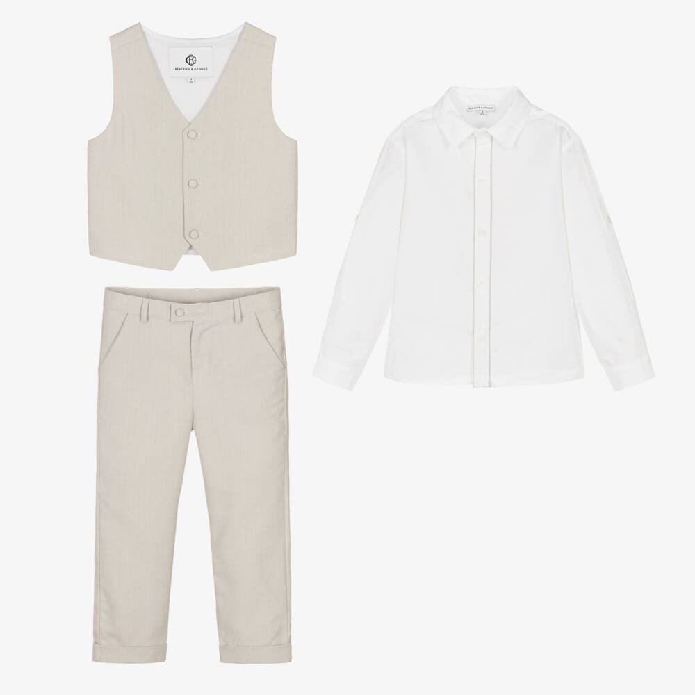 Beatrice & George-Boys Beige Cotton Herringbone Suit | Childrensalon Outlet