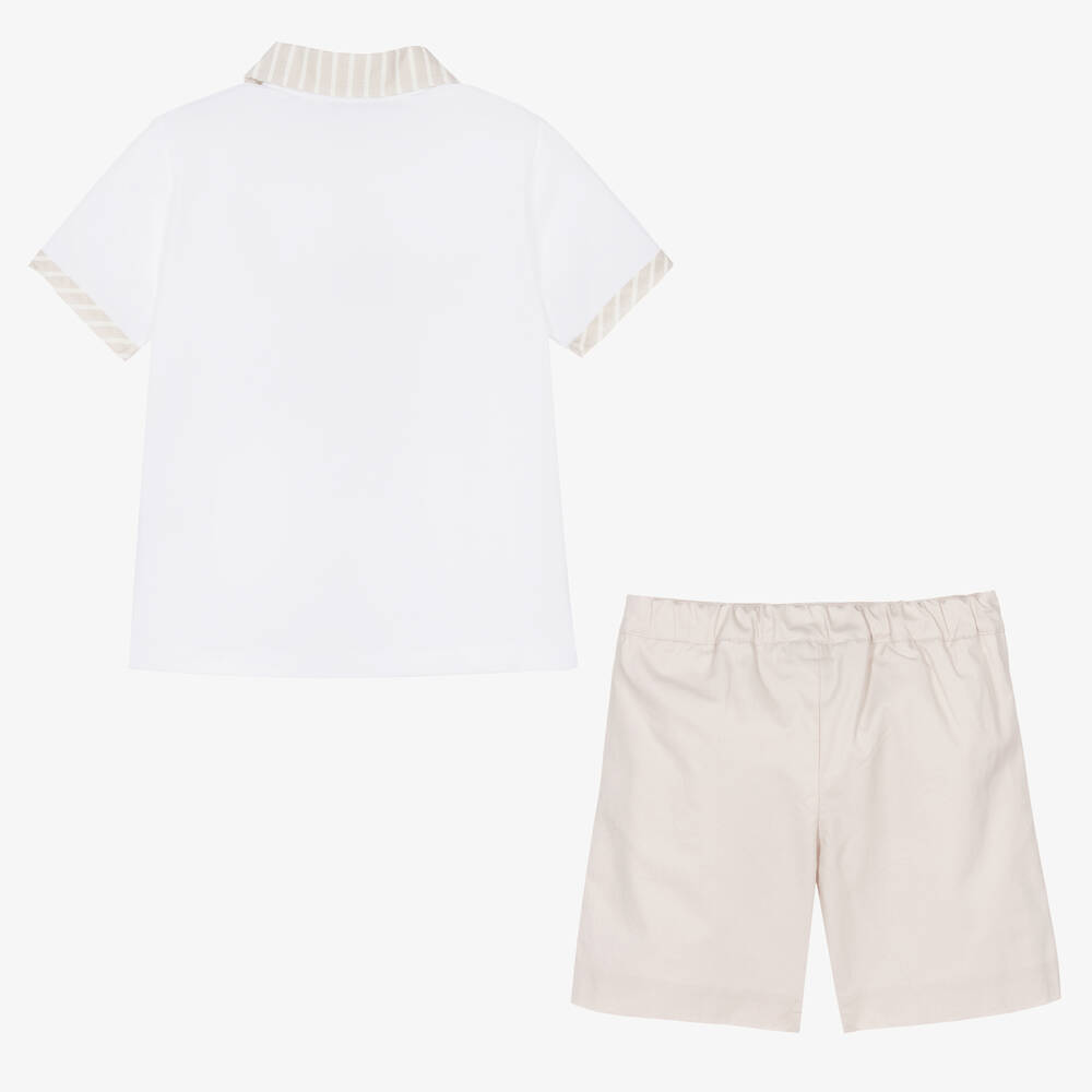 Beatrice & George-Белая рубашка поло и бежевые шорты из хлопка | Childrensalon Outlet