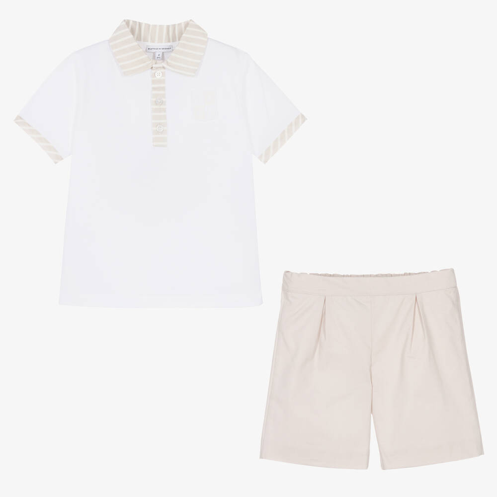 Beatrice & George-Белая рубашка поло и бежевые шорты из хлопка | Childrensalon Outlet