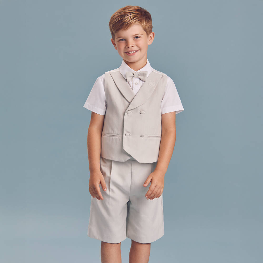 Beatrice & George-Boys Beige Double Breasted Waistcoat Shorts Suit | Childrensalon Outlet