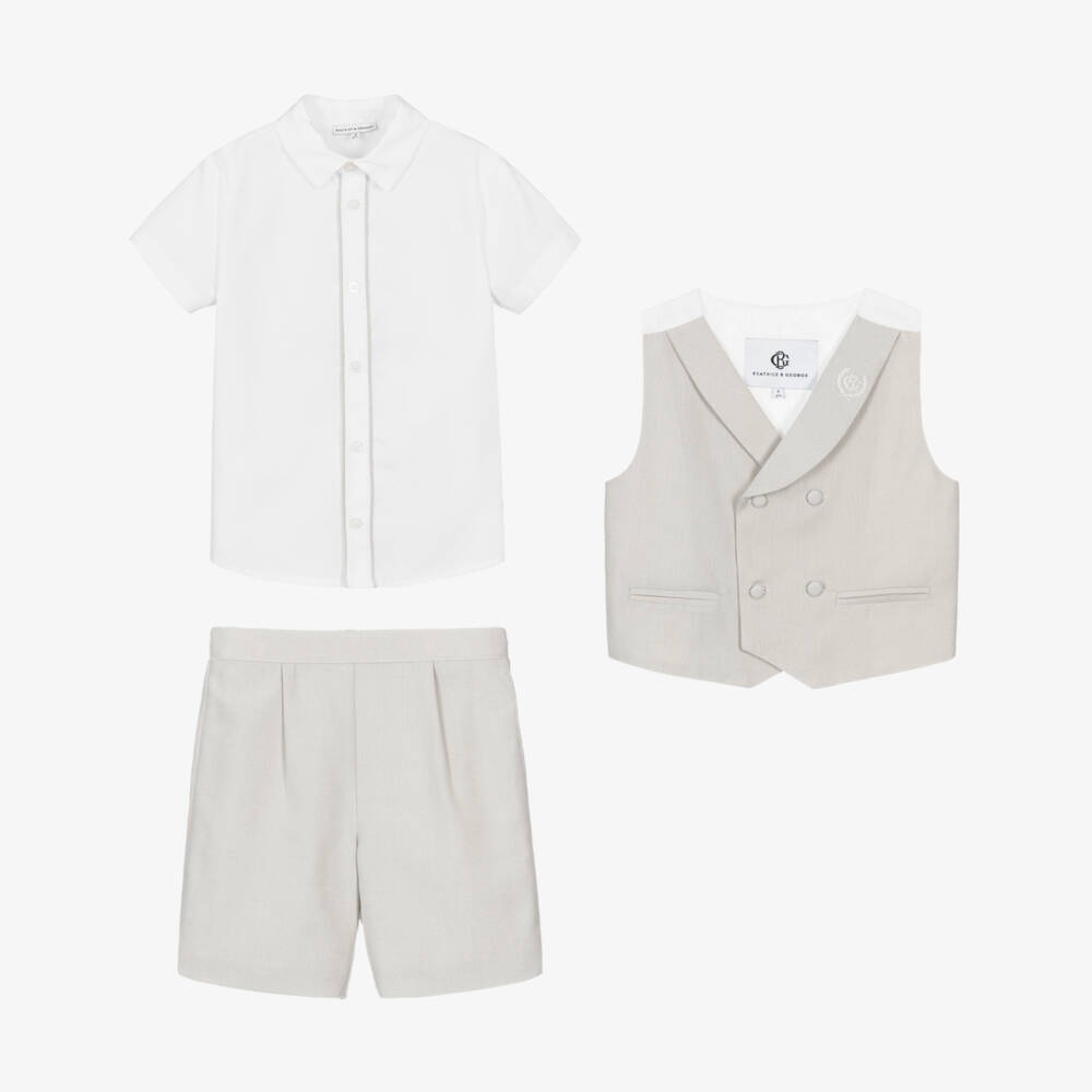 Beatrice & George-Boys Beige Double Breasted Waistcoat Shorts Suit | Childrensalon Outlet