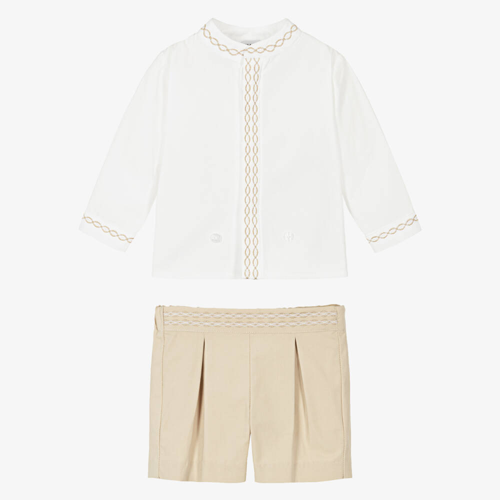 Beatrice & George-Boys Beige Embroidered Cotton Ensemble | Childrensalon Outlet