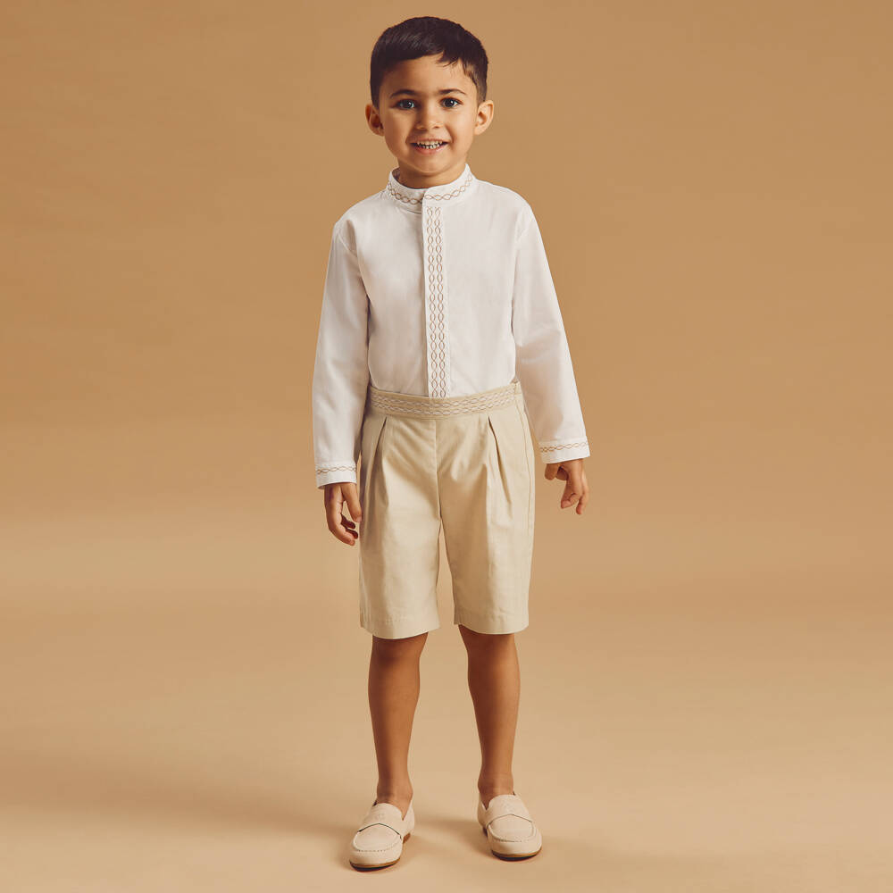 Beatrice & George-Boys Beige Embroidered Cotton Ensemble | Childrensalon Outlet