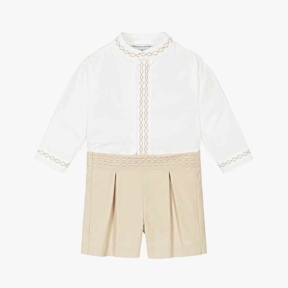 Beatrice & George-Boys Beige Embroidered Cotton Ensemble | Childrensalon Outlet