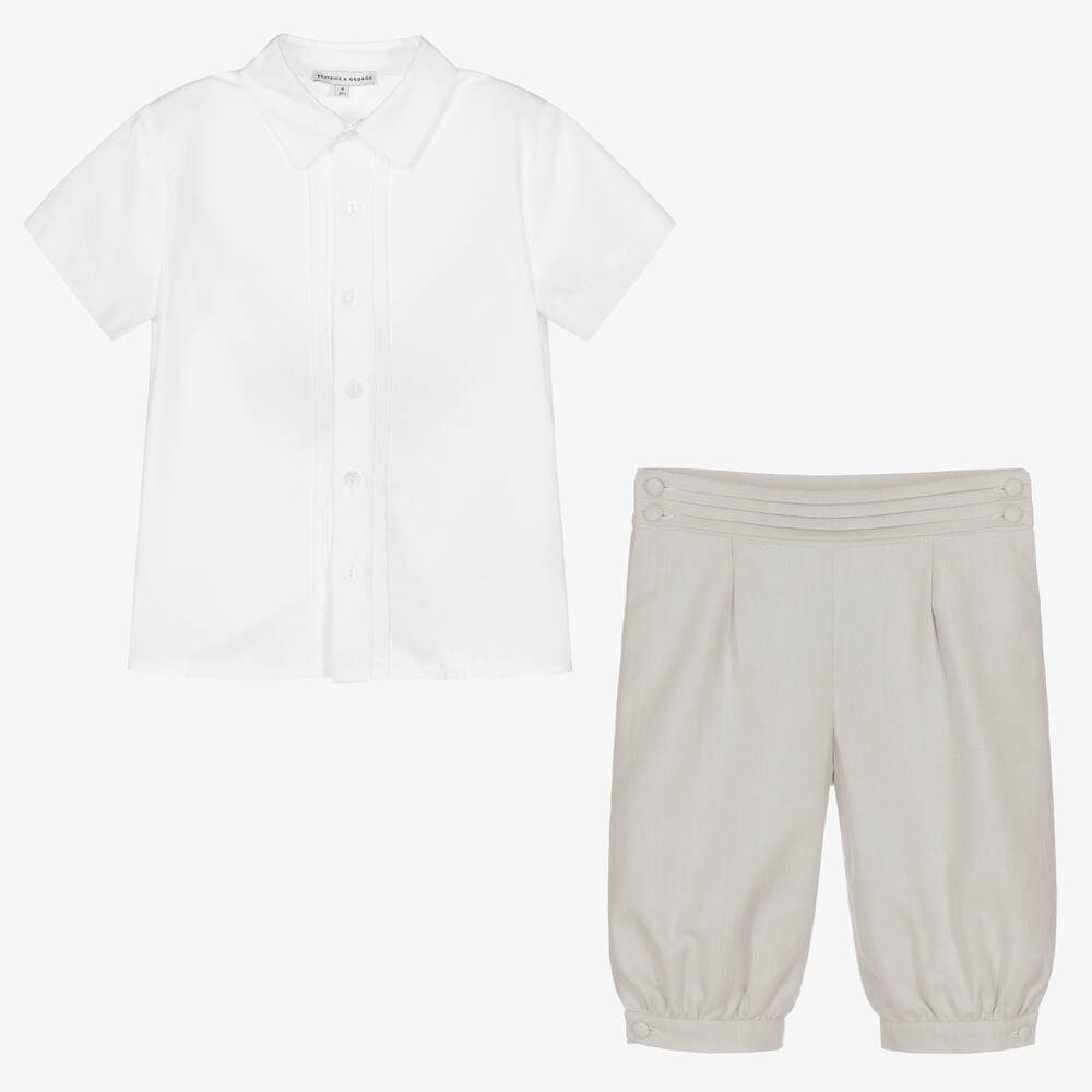 Beatrice & George-Boys Beige Herringbone Cotton Shorts Set | Childrensalon Outlet