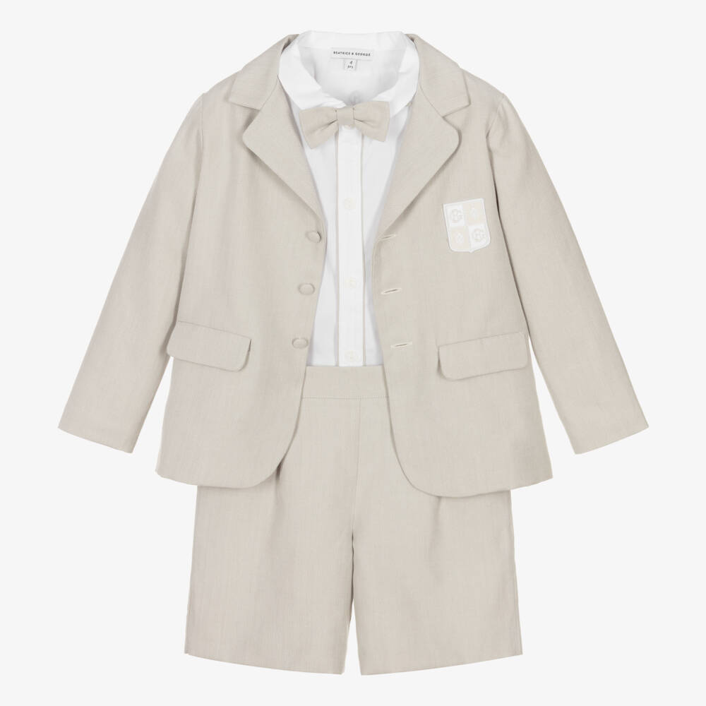 Beatrice & George-Boys Beige Herringbone Shorts Set | Childrensalon Outlet