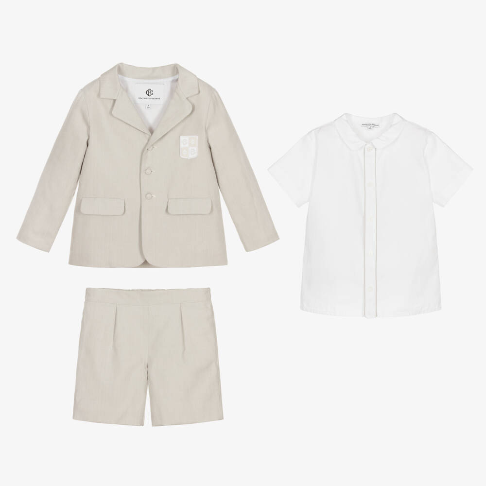 Beatrice & George-Boys Beige Herringbone Shorts Set | Childrensalon Outlet