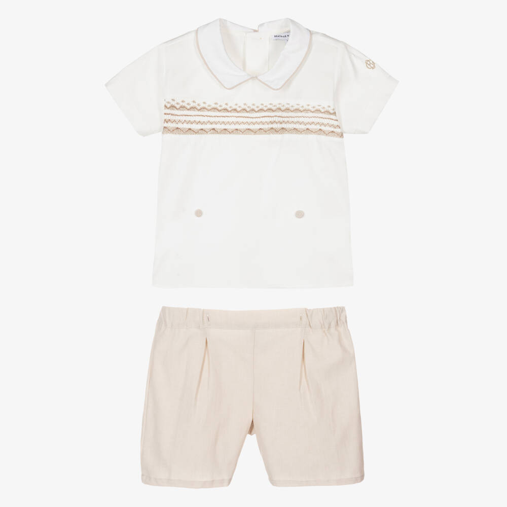 Beatrice & George-Boys Beige Smocked Cotton Set | Childrensalon Outlet