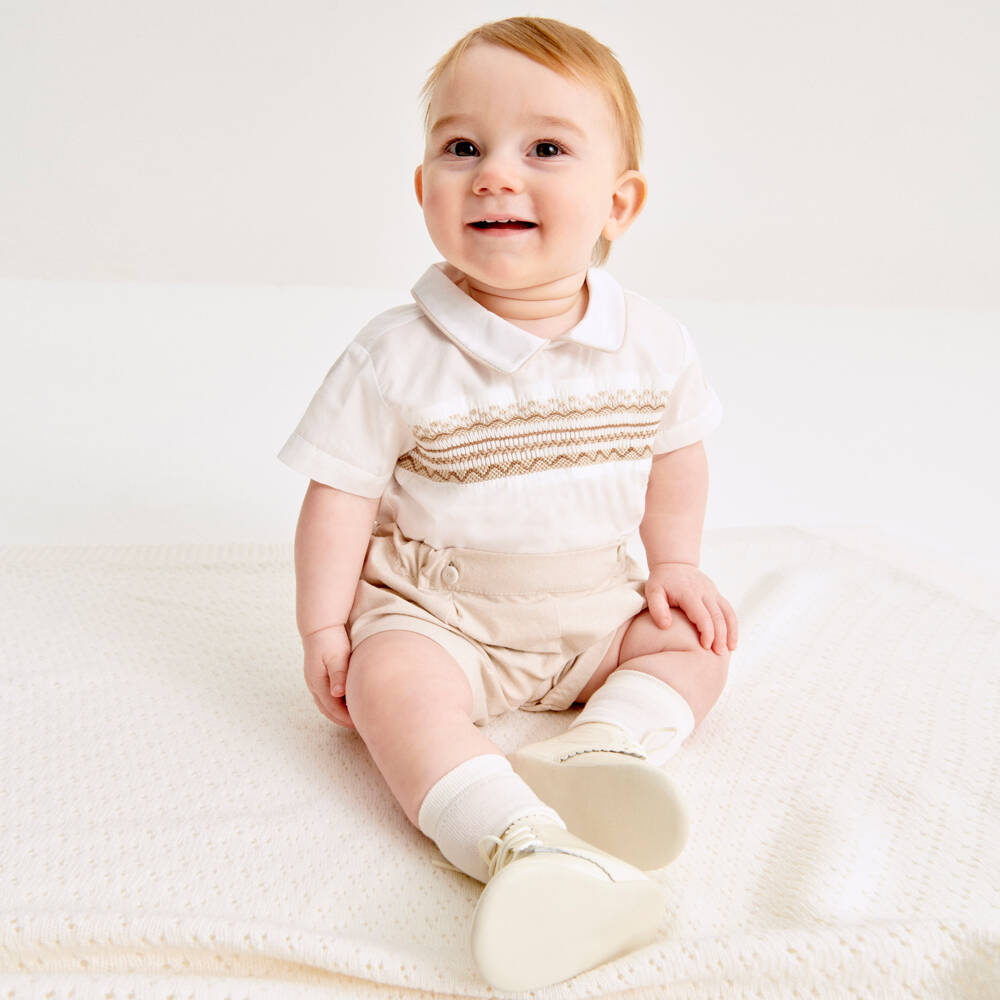 Beatrice & George-Boys Beige Smocked Cotton Set | Childrensalon Outlet
