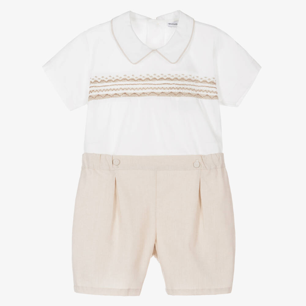Beatrice & George-Boys Beige Smocked Cotton Set | Childrensalon Outlet