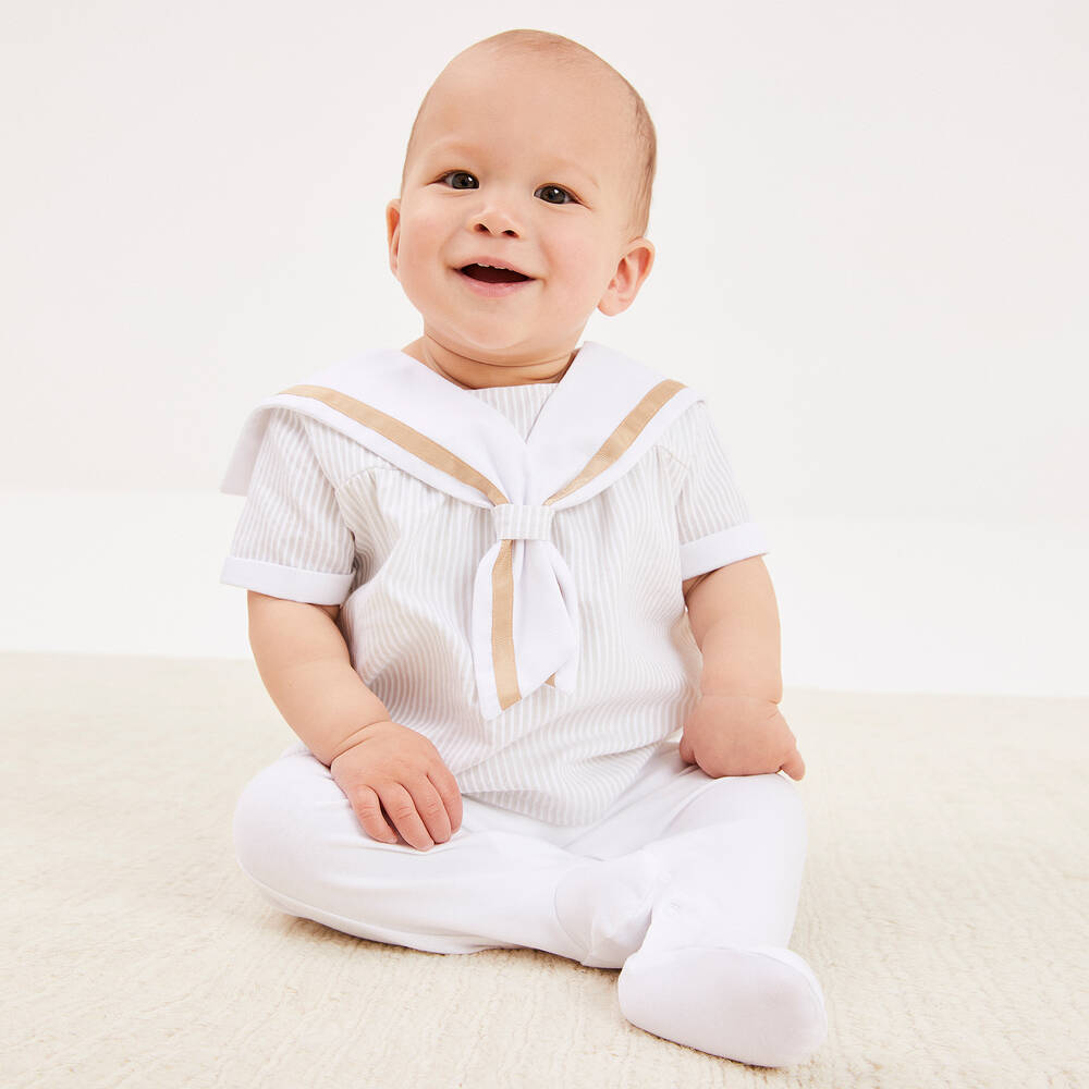 Beatrice & George-Boys Beige Stripe Cotton Sailor Babygrow | Childrensalon Outlet