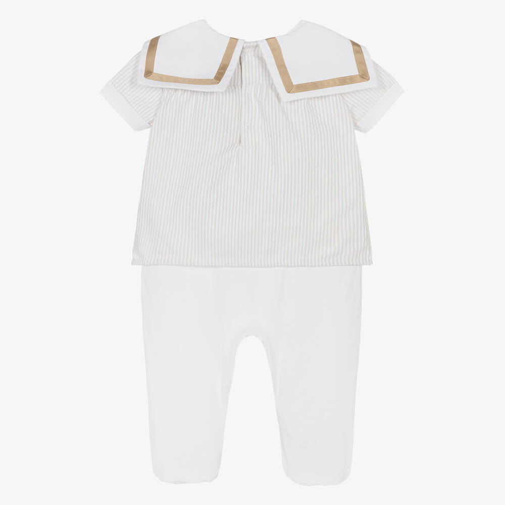 Beatrice & George-Boys Beige Stripe Cotton Sailor Babygrow | Childrensalon Outlet