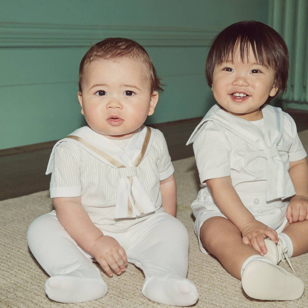 Beatrice & George-Boys Beige Stripe Cotton Sailor Babygrow | Childrensalon Outlet