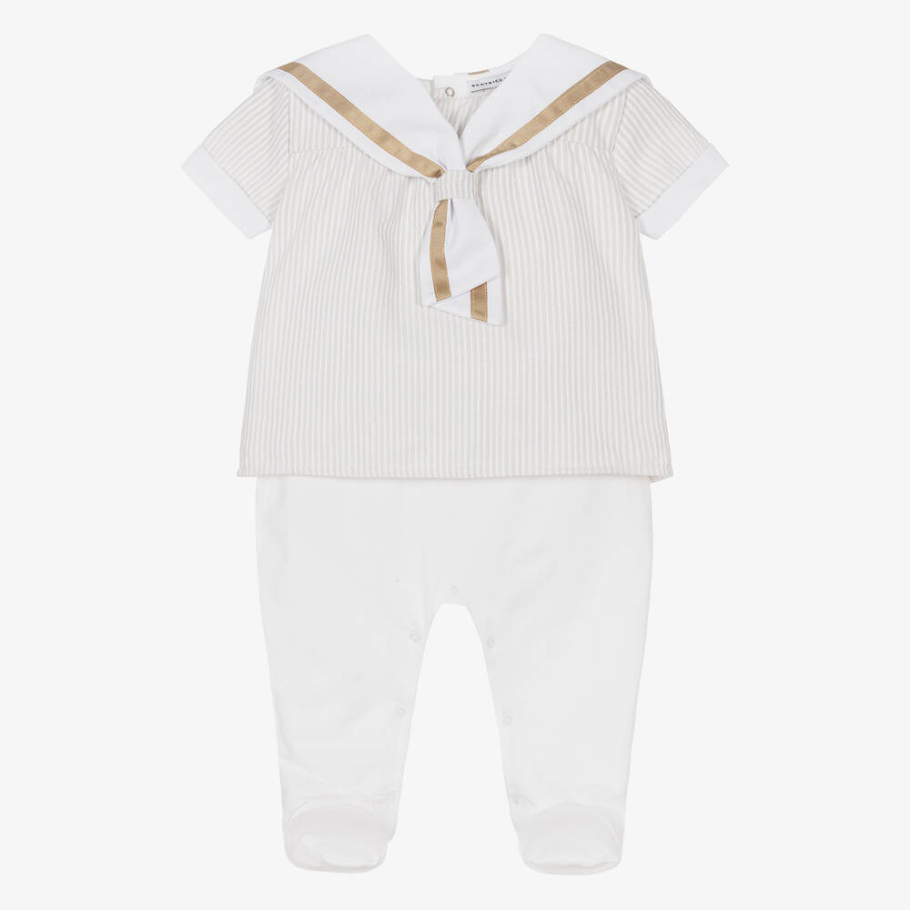 Beatrice & George-Boys Beige Stripe Cotton Sailor Babygrow | Childrensalon Outlet
