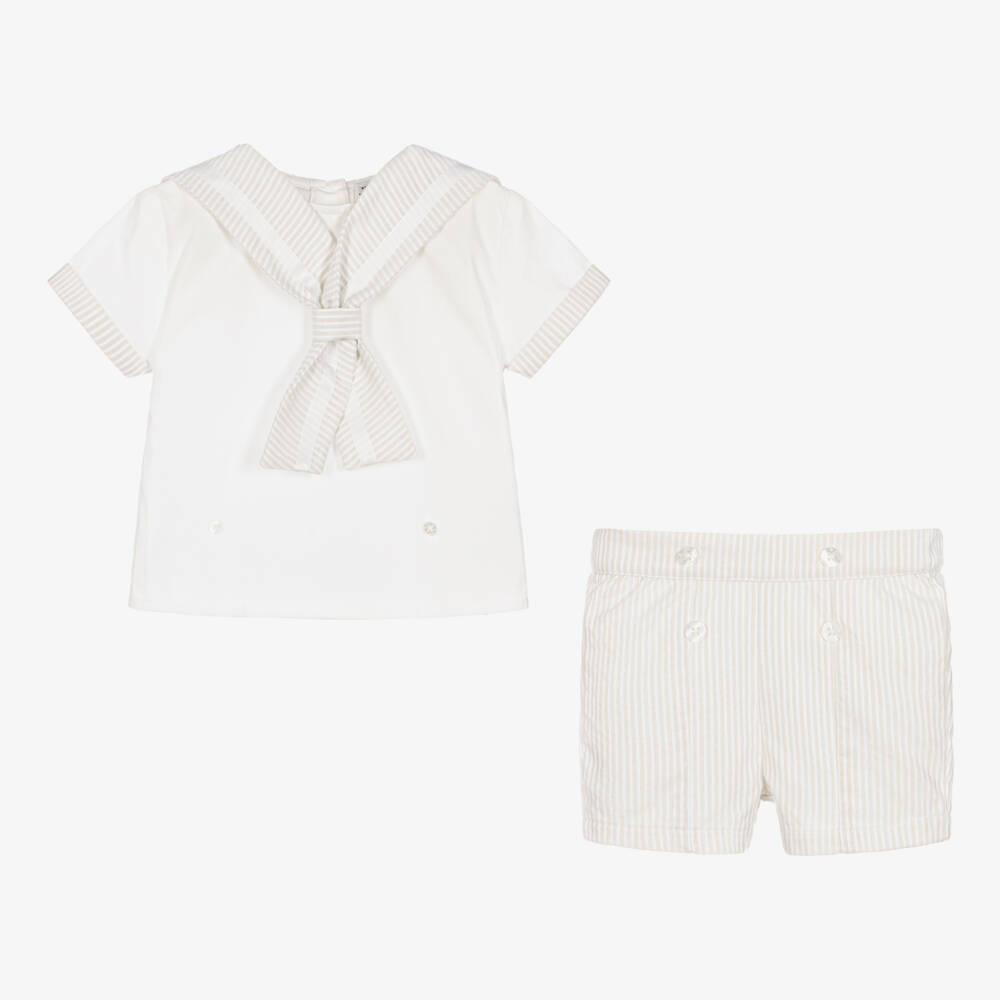 Beatrice & George-Boys Beige Striped Sailor Buster Suit | Childrensalon Outlet