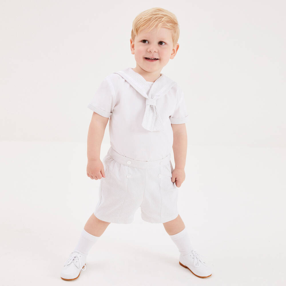 Beatrice & George-Boys Beige Striped Sailor Buster Suit | Childrensalon Outlet
