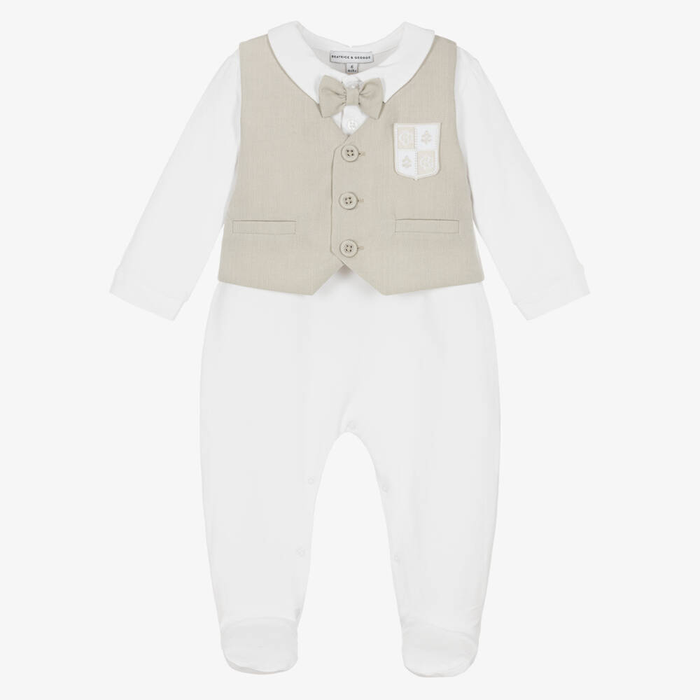 Beatrice & George-Boys Beige & White Formal Babygrow | Childrensalon Outlet