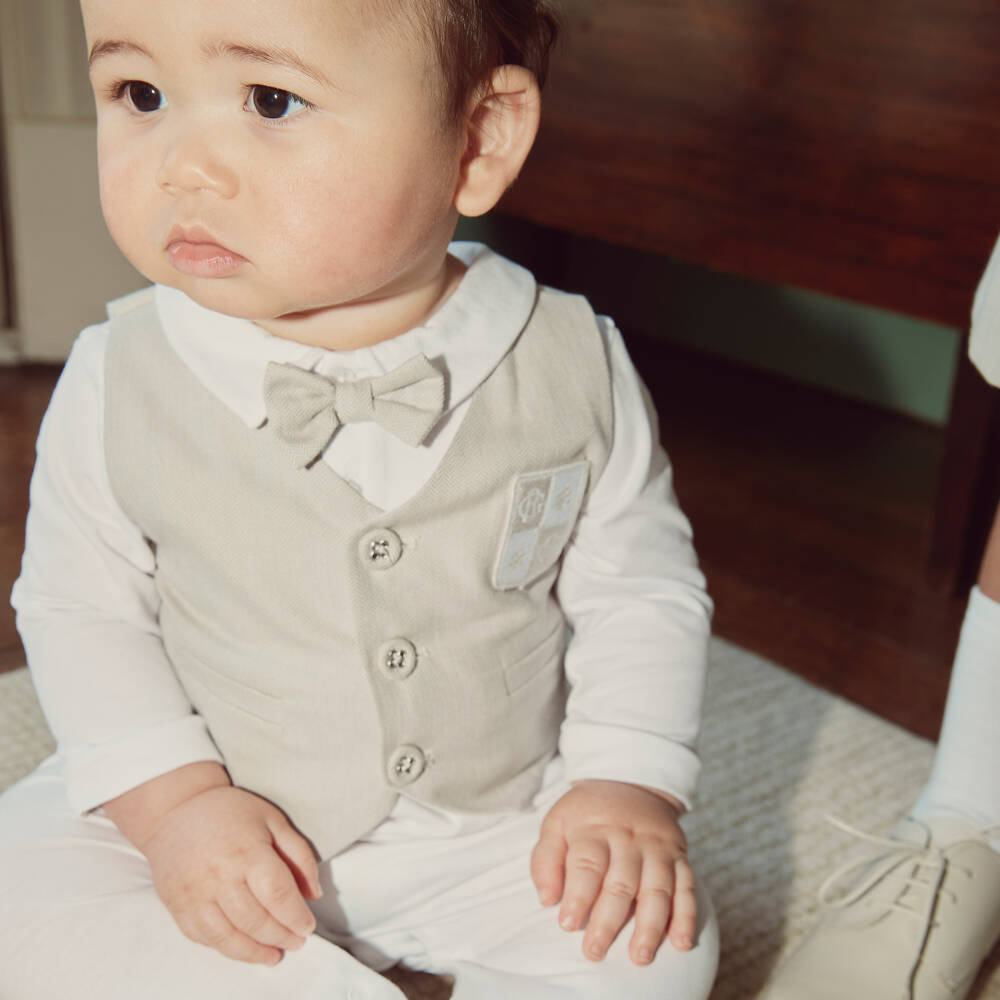 بياتريس آند جورج-أفرول بيبي غرو جيليه قطن جيرسي لون أبيض وبيج | Childrensalon Outlet