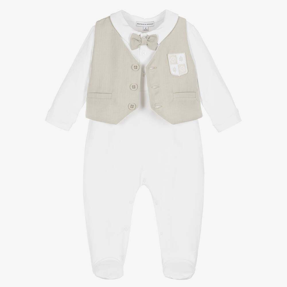 بياتريس آند جورج-أفرول بيبي غرو جيليه قطن جيرسي لون أبيض وبيج | Childrensalon Outlet