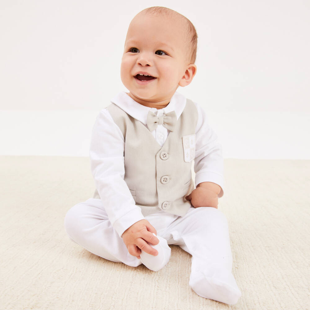 بياتريس آند جورج-أفرول بيبي غرو جيليه قطن جيرسي لون أبيض وبيج | Childrensalon Outlet