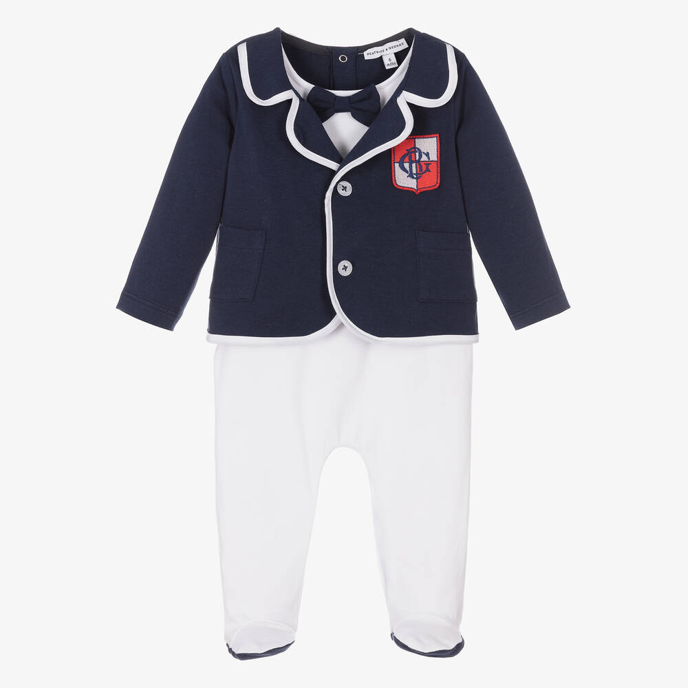 Beatrice & George - Boys Blue Cotton Blazer Babygrow  | Childrensalon