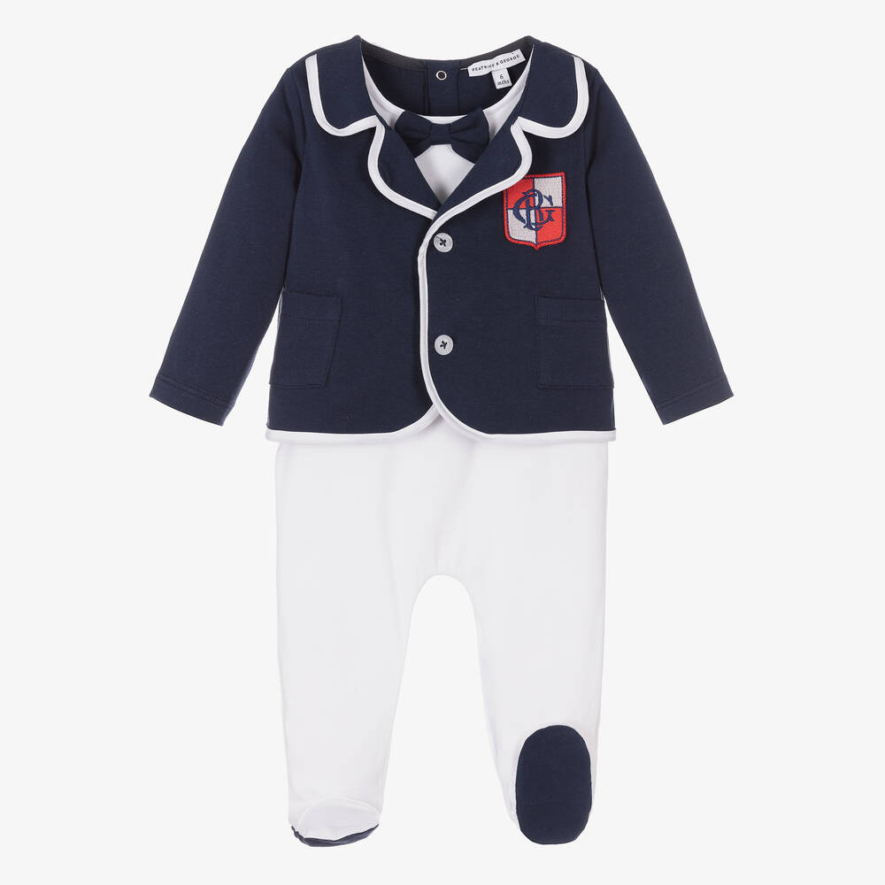 Beatrice & George-Boys Blue Cotton Blazer Babygrow  | Childrensalon Outlet