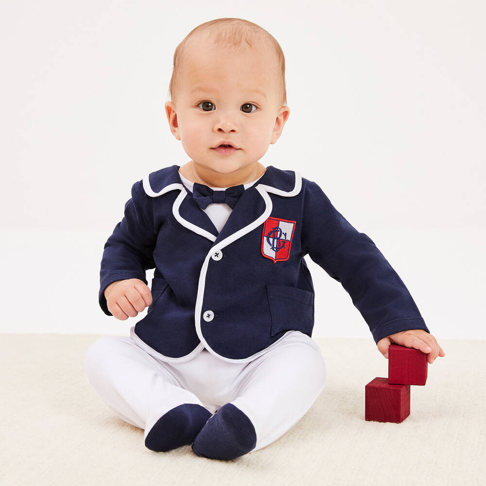 Beatrice & George-Boys Blue Cotton Blazer Babygrow  | Childrensalon Outlet