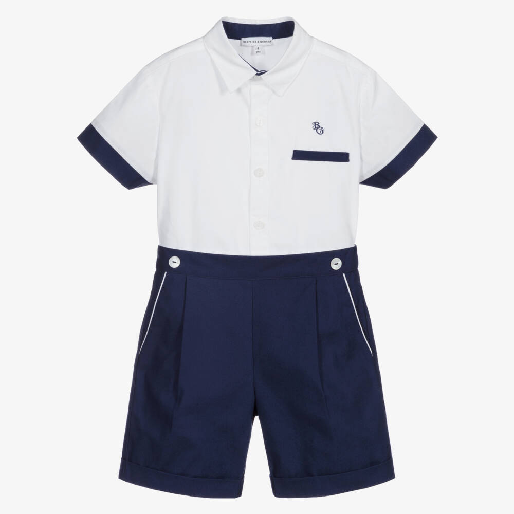 Beatrice & George-Boys Blue Cotton Shorts Set | Childrensalon Outlet