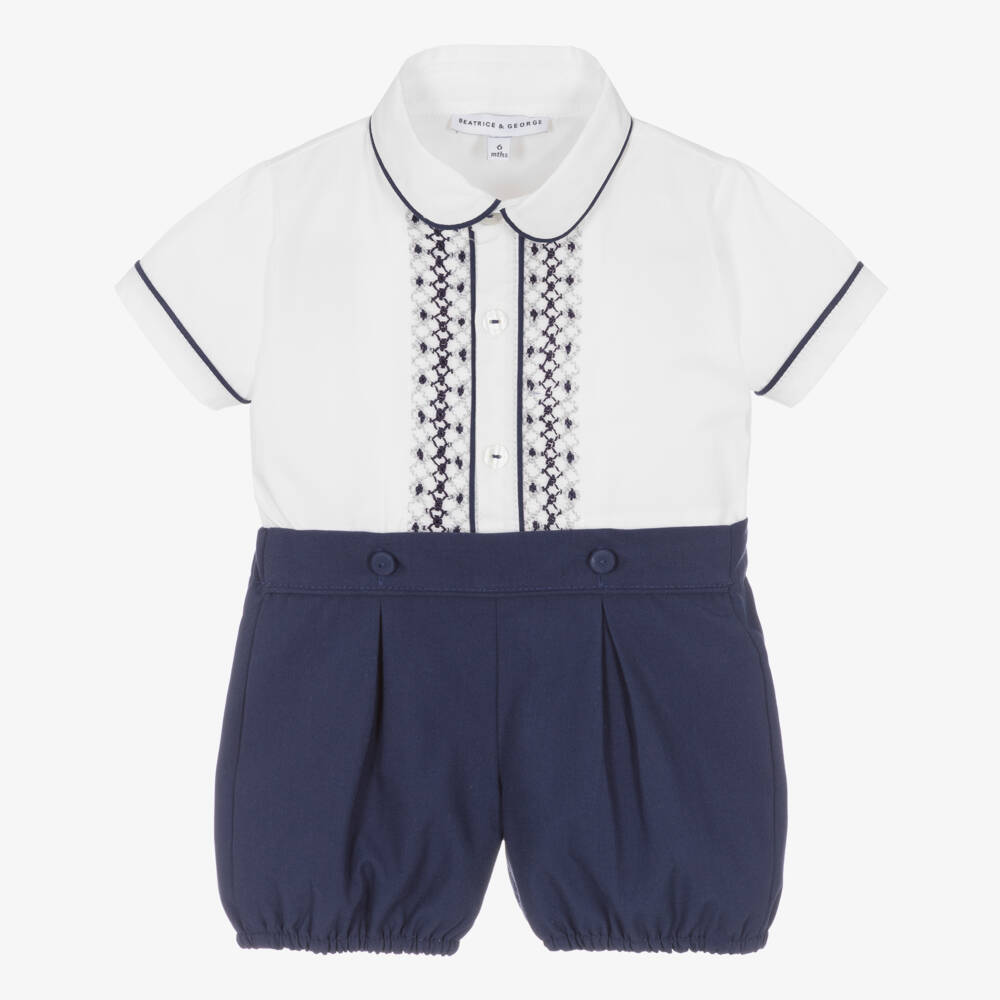 Beatrice & George-Boys Blue Hand-Embroidered Cotton Set | Childrensalon Outlet