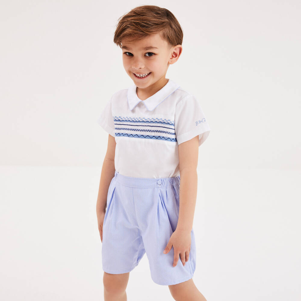 Beatrice & George-Boys Blue Hand-Embroidered Cotton Suit | Childrensalon Outlet